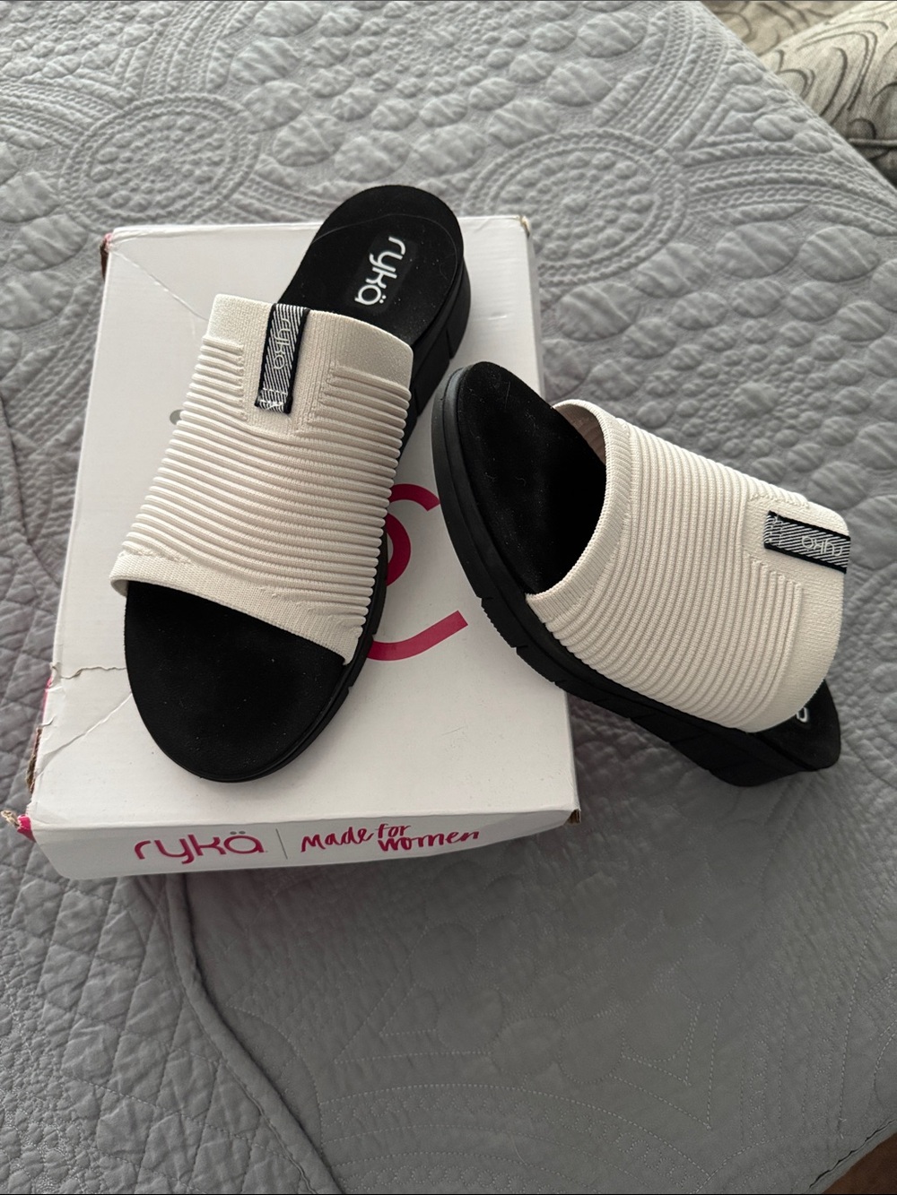 Ryka Cream Ribbed Slide Sandals with Black Footbed